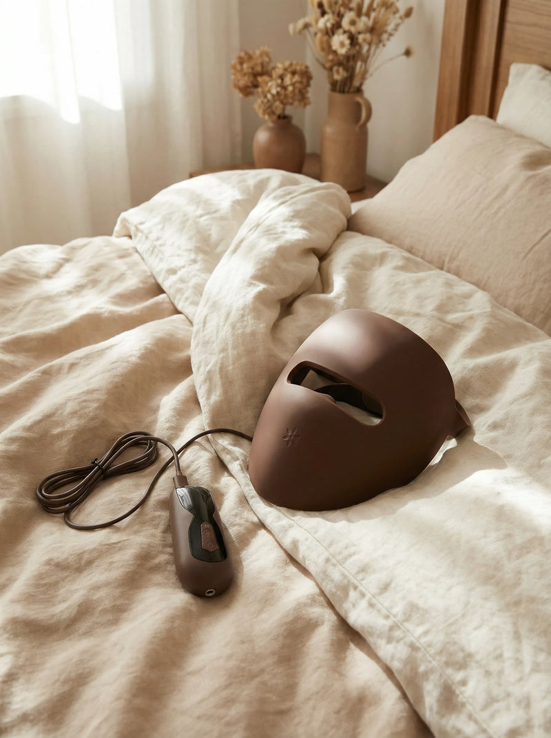mascara facial led en la cama